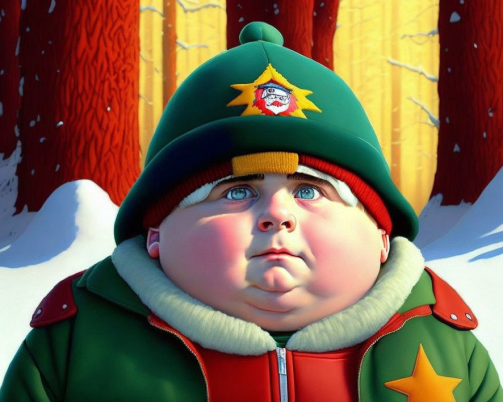 Baby animated character in green winter outfit in snowy forest