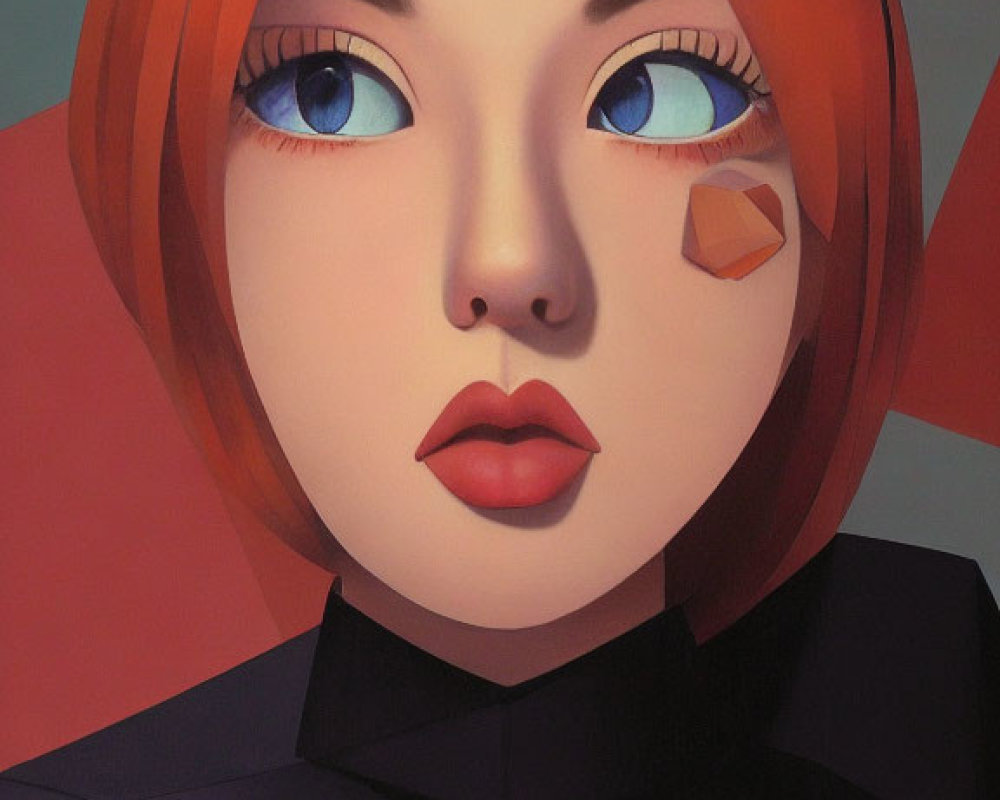 Stylized female figure with blue eyes, red bob haircut, and abstract shapes.