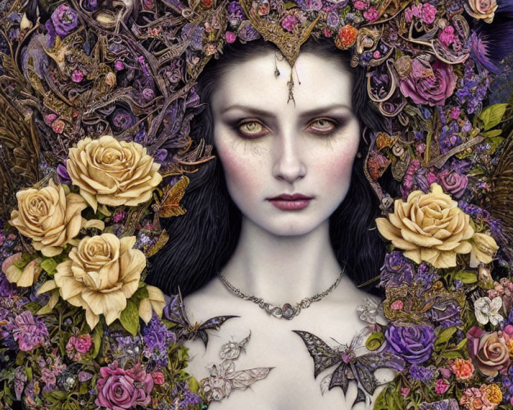 Mystical female figure with pale skin and dark hair adorned with golden flower headdress