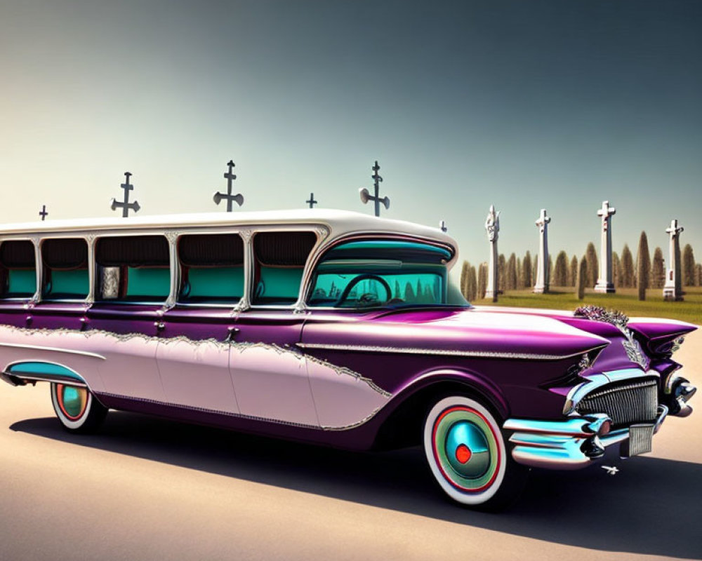 Purple digitally modified hearse with elongated body and multiple rear windows in surreal cemetery setting