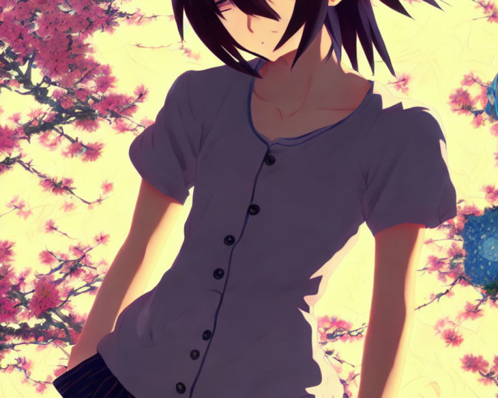 Anime girl with black hair and grey shirt under cherry blossoms