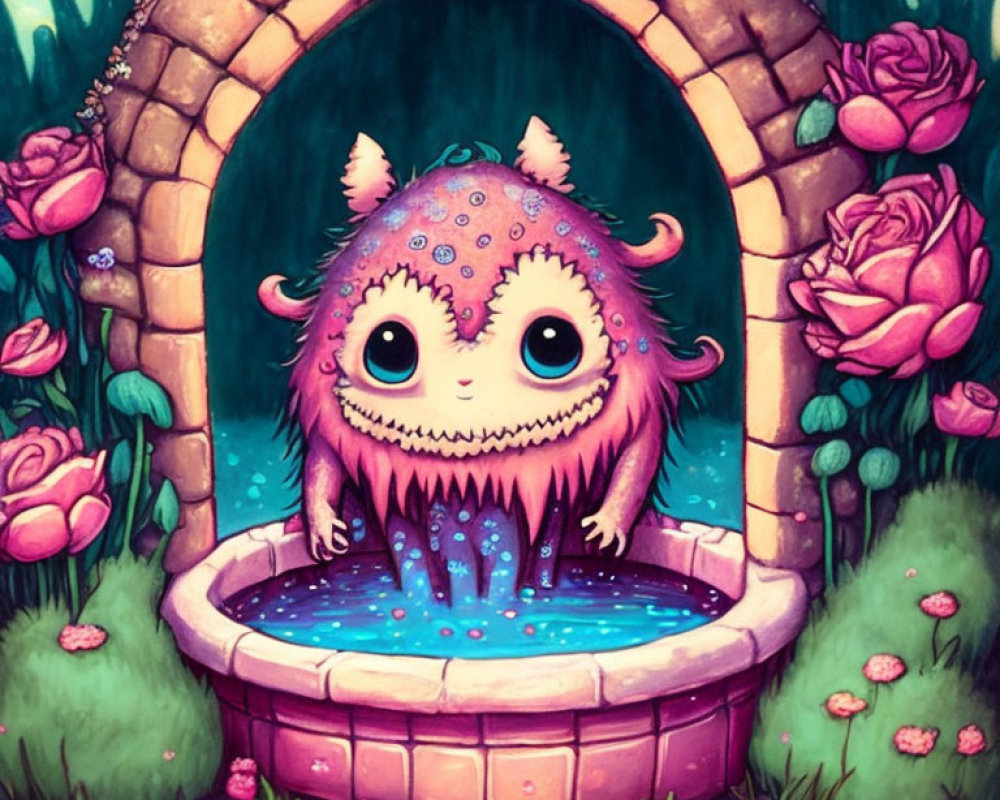 Pink and Purple Spotted Creature in Stone Well Amid Lush Greenery