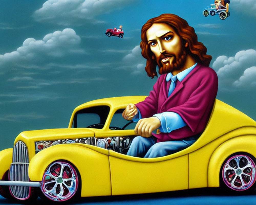 Cartoonish man with long hair driving yellow hot rod in whimsical illustration