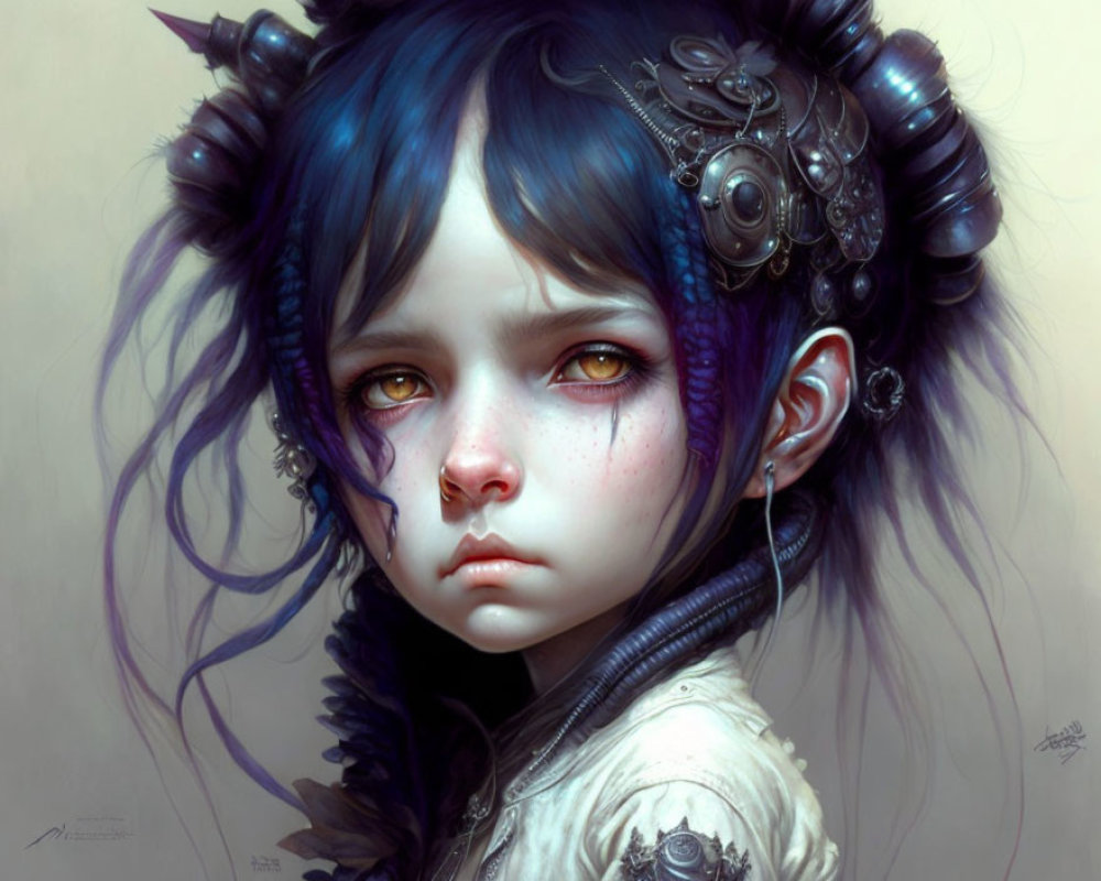 Blue-haired girl with yellow eyes in fantasy portrait with cybernetic earpiece and horned headgear