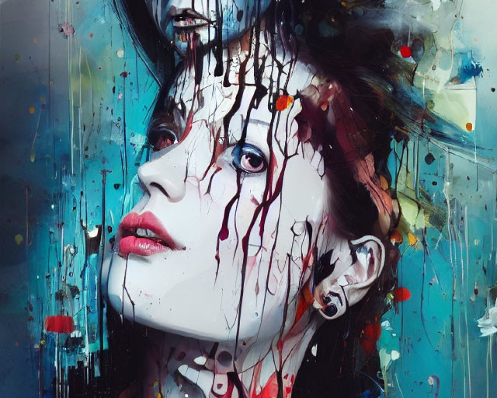 Vivid Colorful Faces with Dripping Paint in Abstract Style