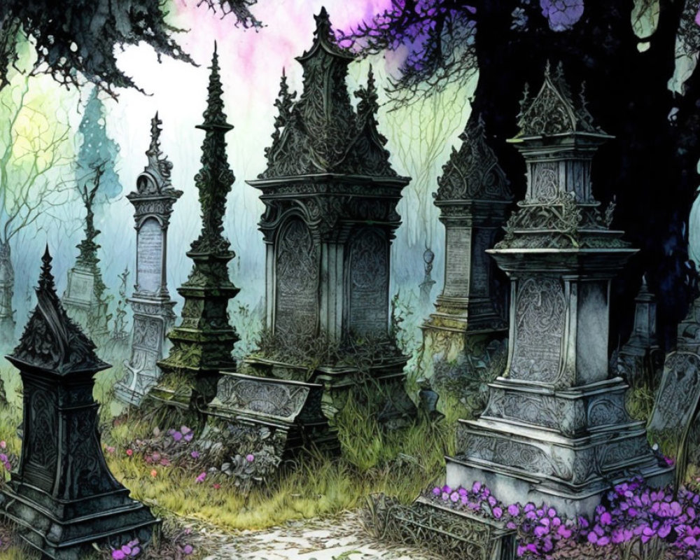 Ancient overgrown graveyard with ornate stone tombs in twilight landscape