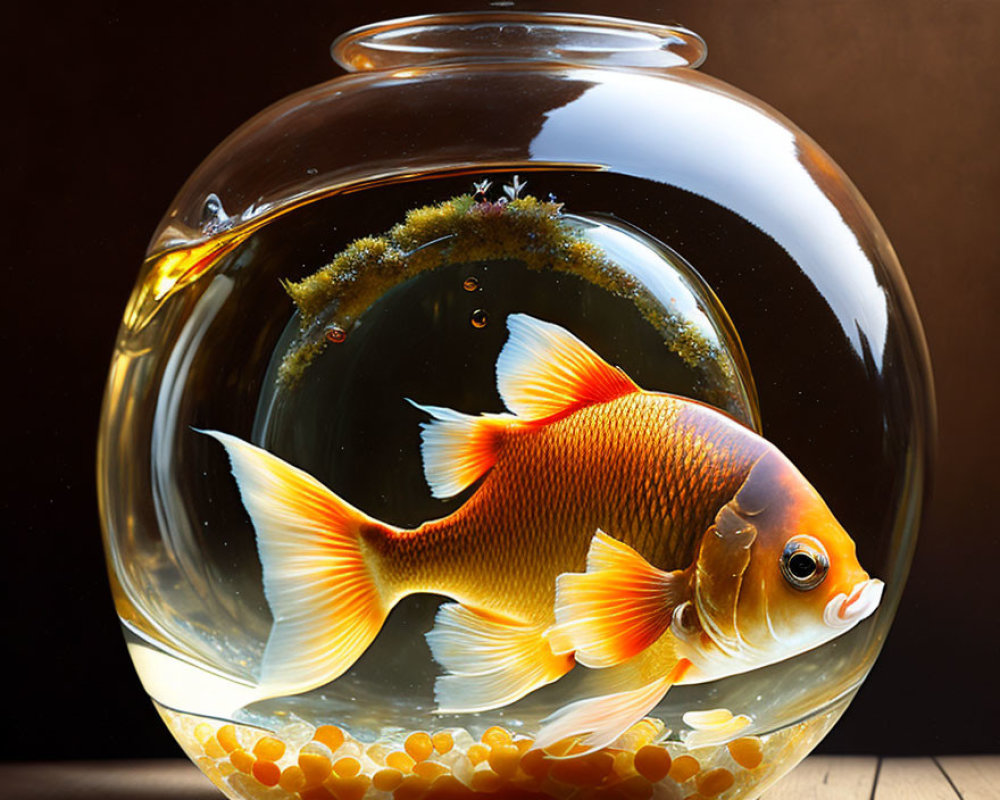 Vibrant golden fish in round fishbowl with pebbles and moss