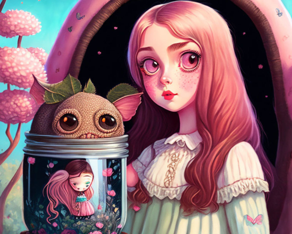 Illustration of girl with large eyes and long hair next to creature with glass jar and miniature version amidst