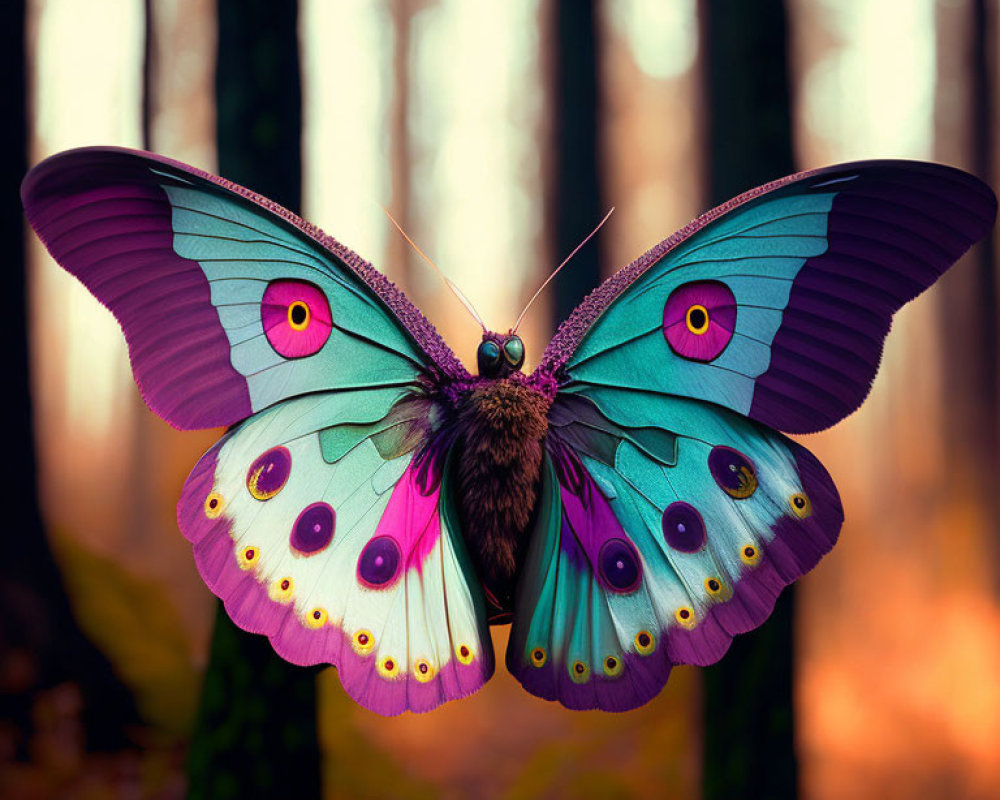 Colorful Butterfly Artwork with Eye-like Patterns on Blurred Forest Background