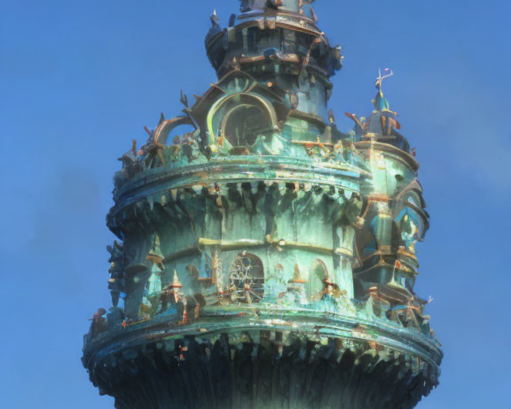 Verdigris Tower with Ornate Spires and Balconies Against Blue Sky