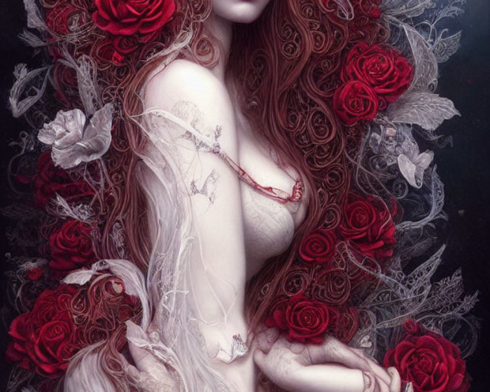 Pale Woman with Red Hair and Roses in Ethereal White Lace on Dark Background