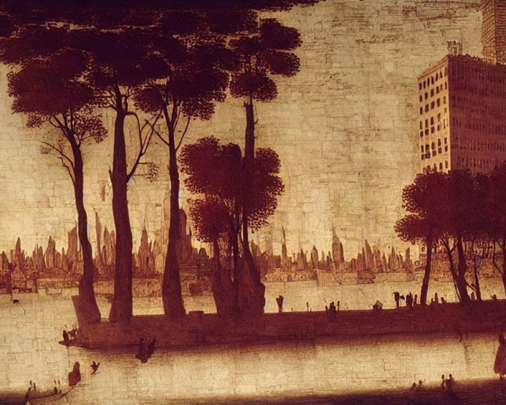 Sepia-Toned Twilight Painting with Silhouetted People and Cityscape