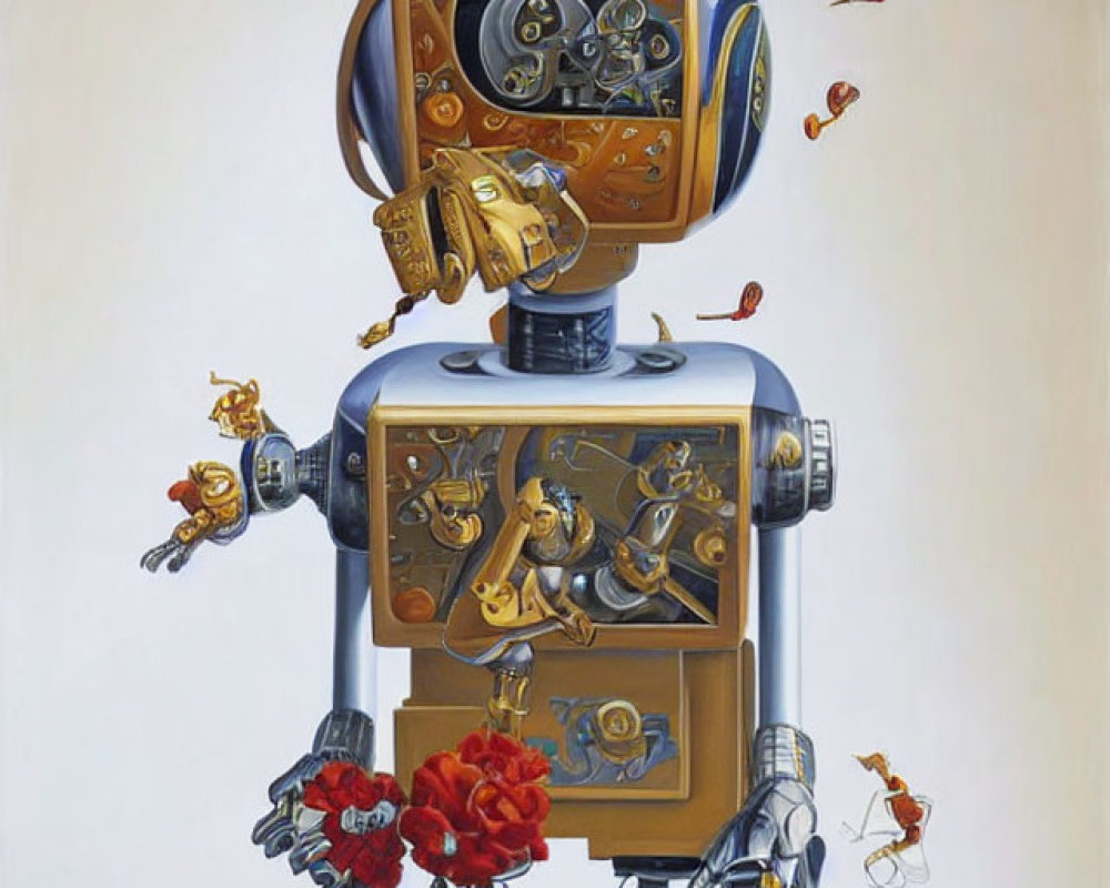 Vintage Style Robot with Intricate Gears and Golden Figures on Neutral Background