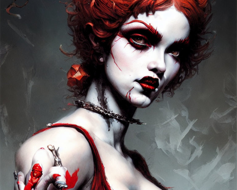 Red-haired female figure with pale skin, red makeup, barbed wire choker, holding a heart