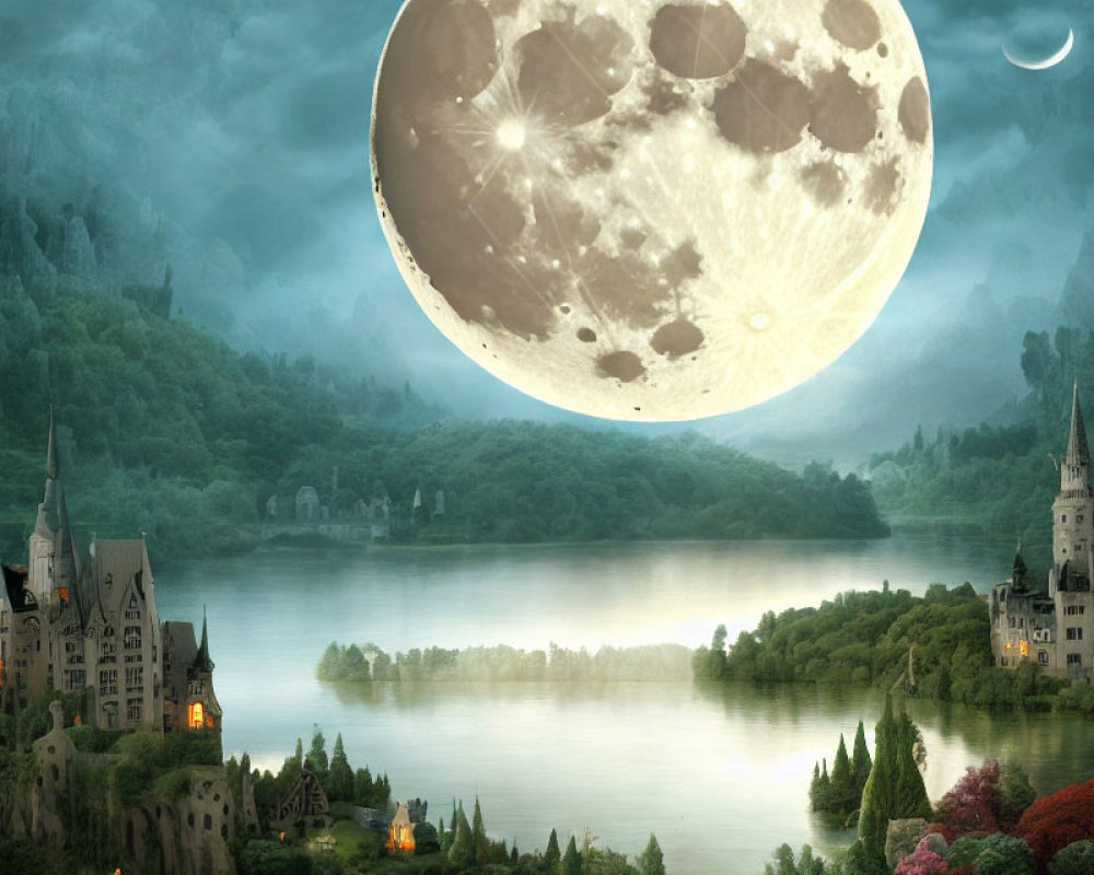 Fantastical landscape with castles, lake, moon, and stars