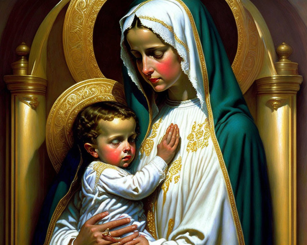 Religious painting of Virgin Mary and baby Jesus with halos on golden arched backdrop