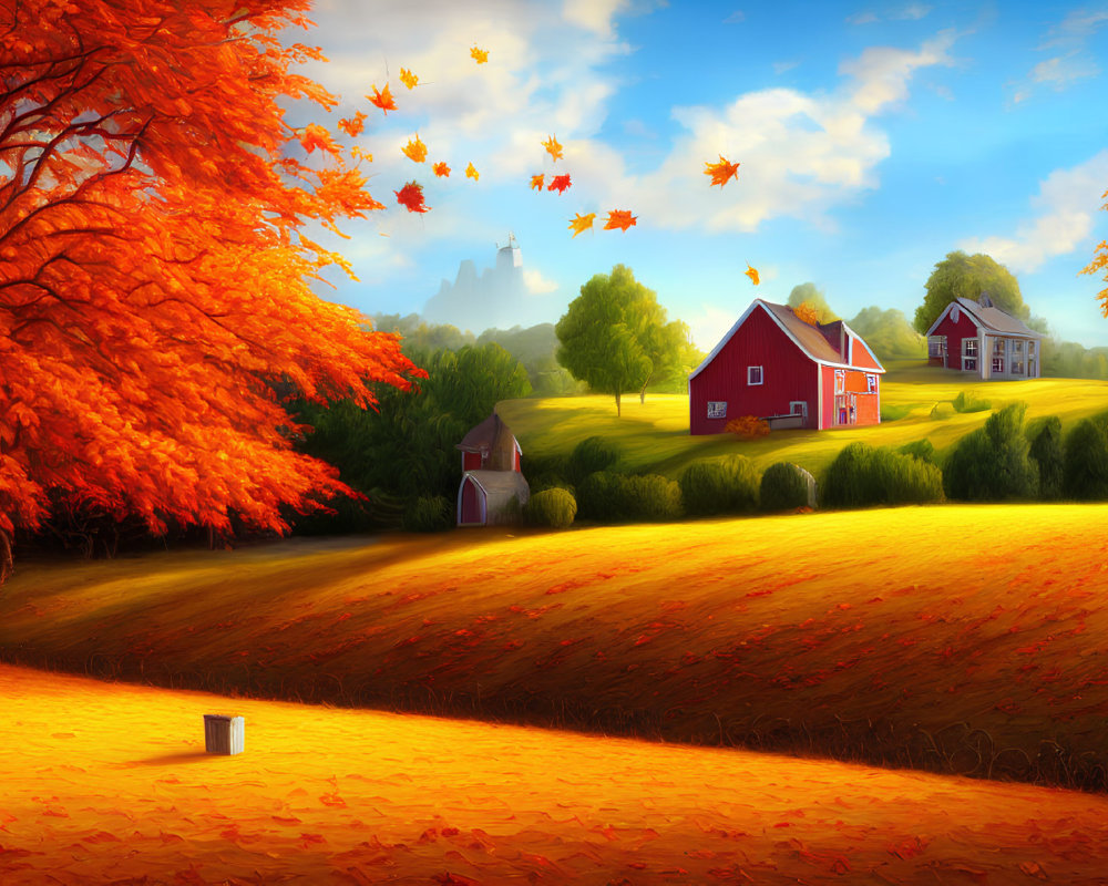 Scenic autumn landscape with red and orange trees, barn, house, and rolling hills