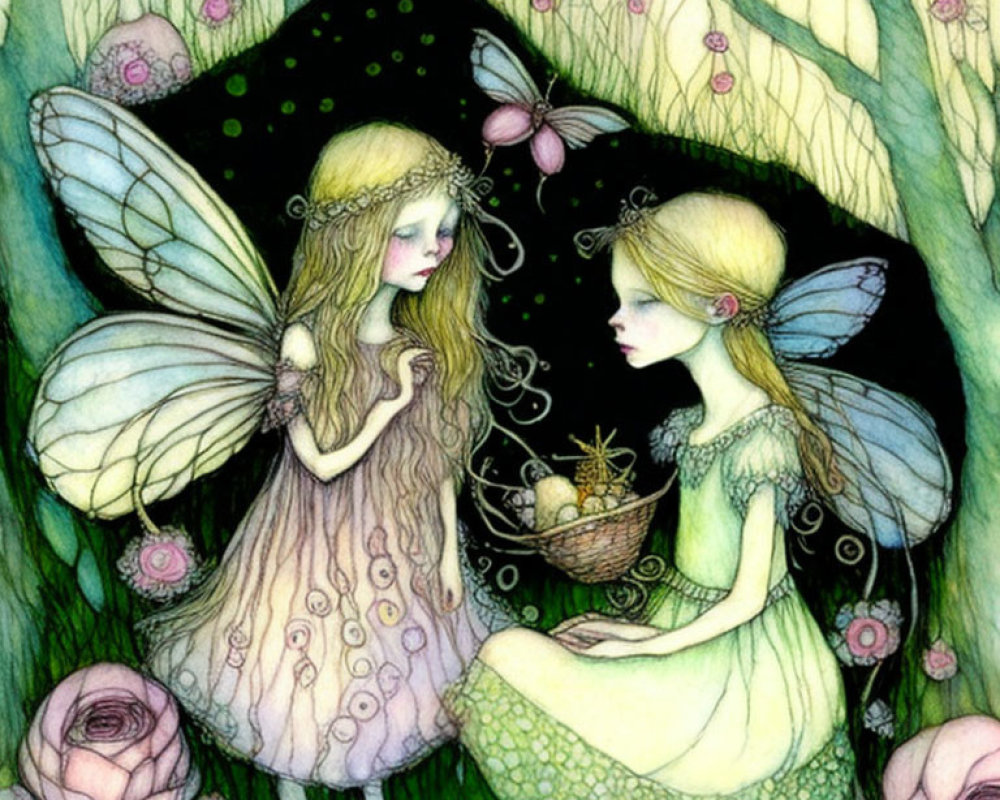 Ethereal fairy characters in enchanting garden with pink roses