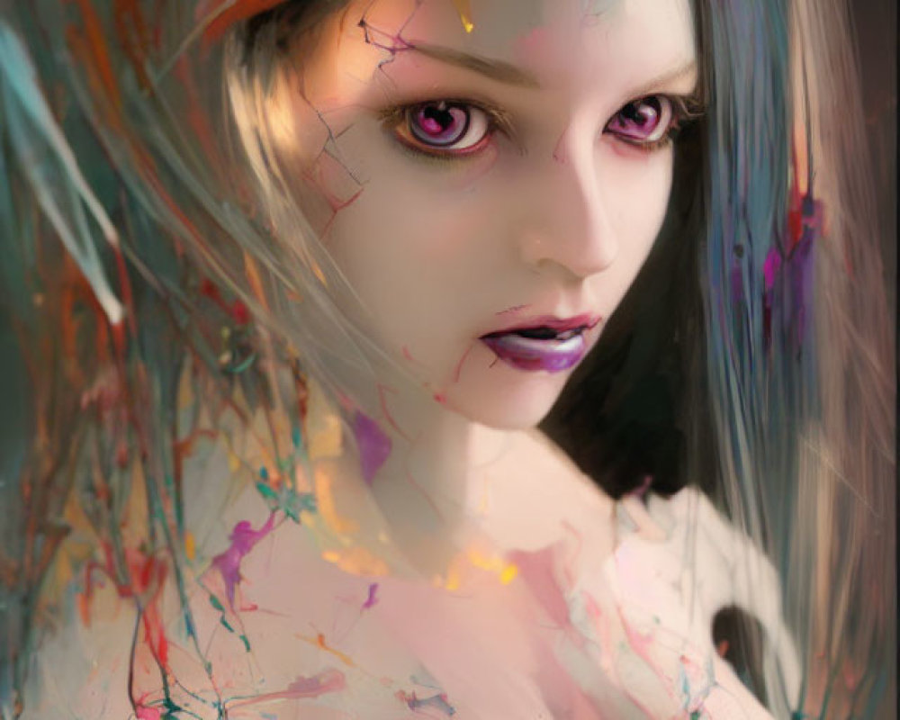 Vibrant digital artwork of a woman with violet eyes in colorful paint splatter.