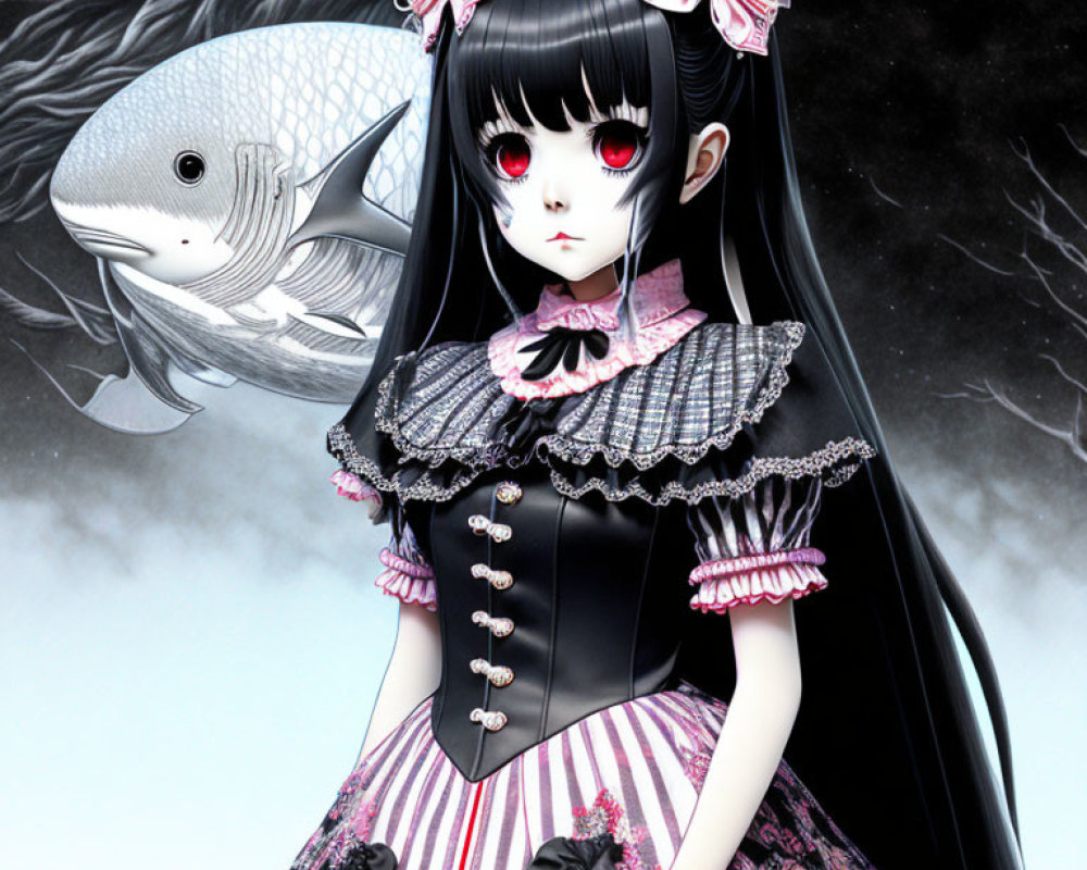 Anime-style girl in gothic lolita fashion with red eyes beside a floating fish in cloudy setting