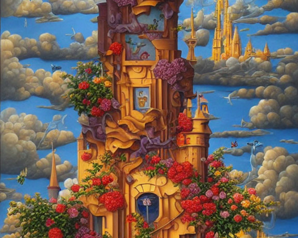 Fantasy tower with floral balconies in sky scene