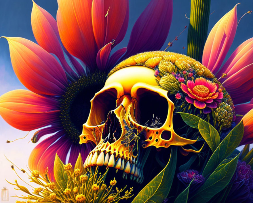 Colorful human skull surrounded by vibrant flowers in detailed artwork