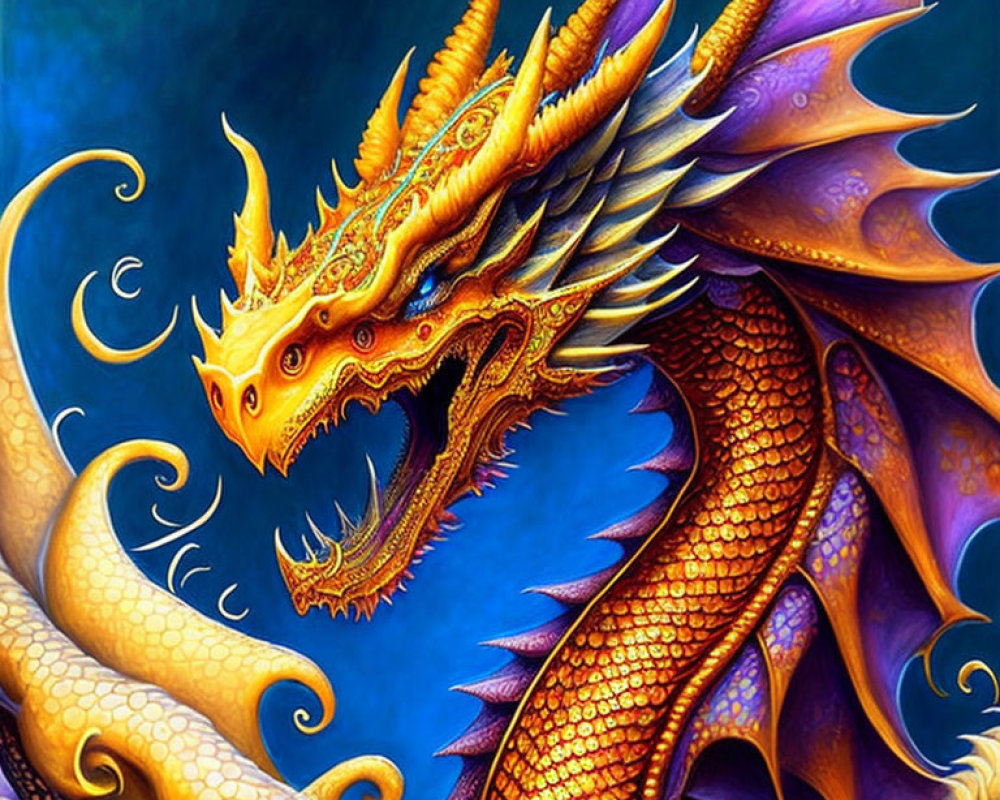 Golden Dragon with Intricate Scales and Horns on Blue Background