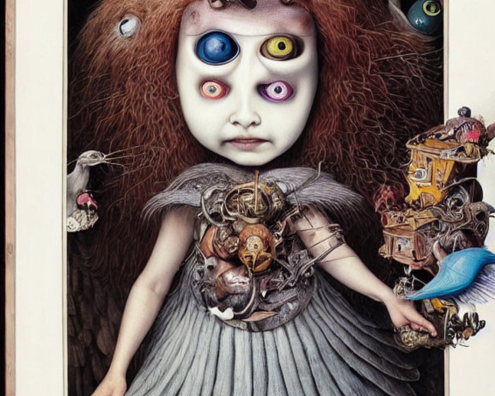 Surreal artwork: Child with multiple eyes and fantastical creatures around mechanical torso