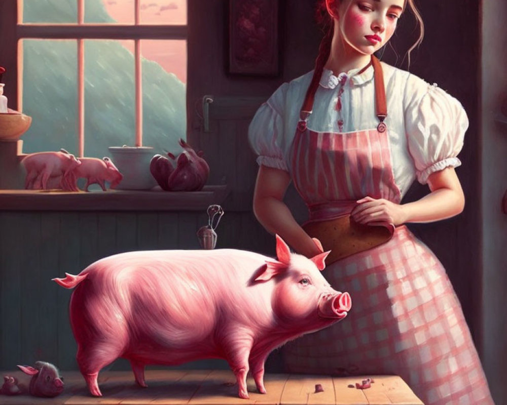 Vintage apron woman with pink pig on wooden table in cozy setting