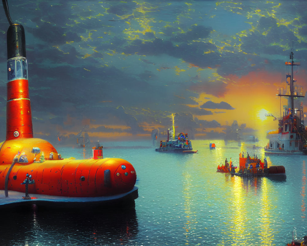 Colorful sunset scene with red submarine in busy harbor among ships