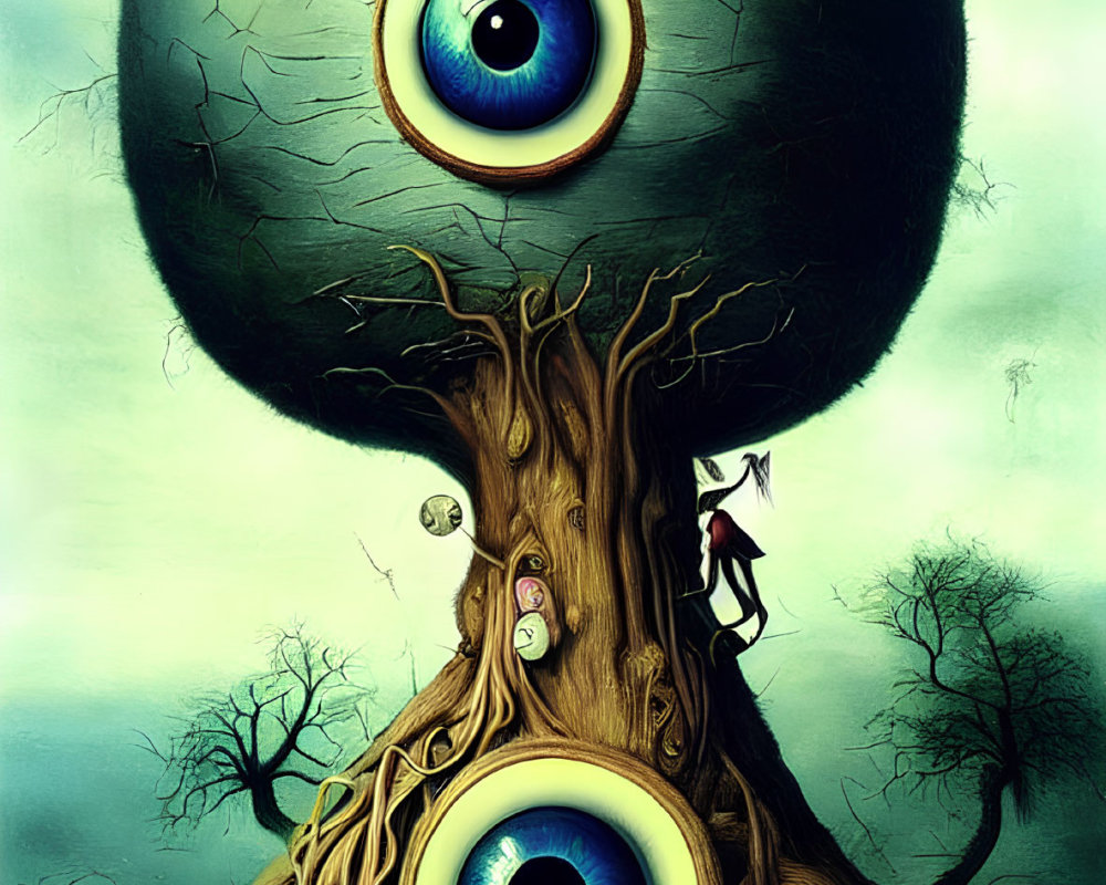 Surreal painting: tree with eye-shaped canopy and roots, barren landscape, tiny climbing figure