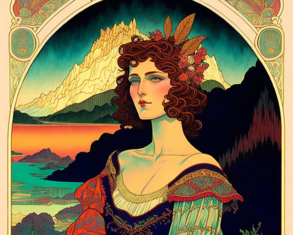 Art Nouveau Woman in Vintage Clothing Illustration with Mountain and Sunset Background