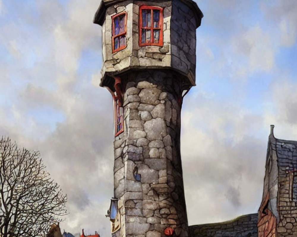 Stone tower with red-roofed turret and person, rural houses, cloudy sky