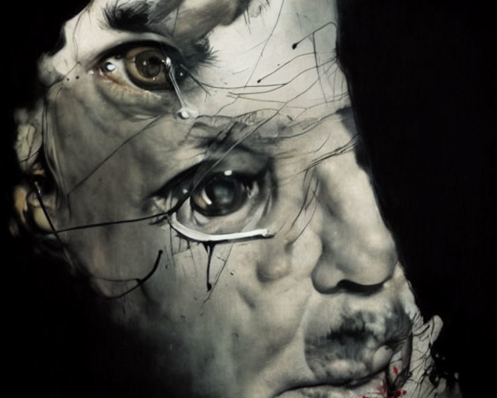 Monochromatic painting of fragmented face with realistic eye and splattered ink details