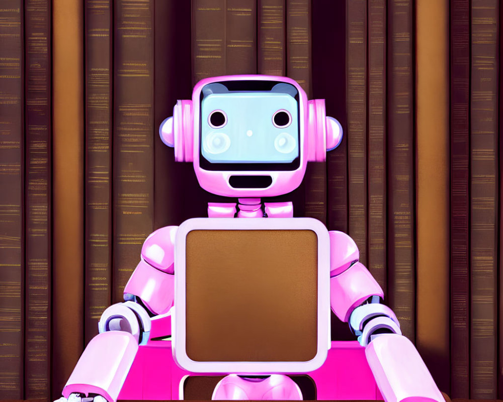 Pink Robot with Screen Face and Headphones at Wooden Desk with Book and Smartphone Against Bookshelf Background