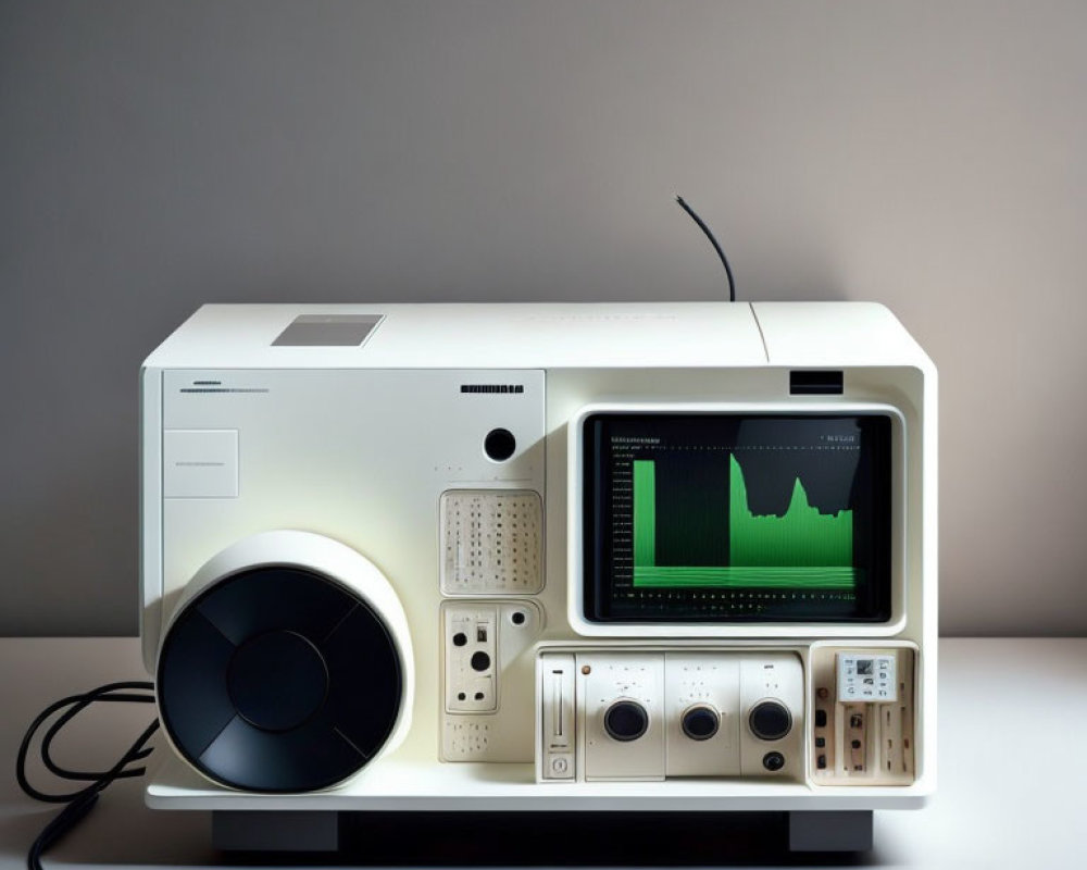 White Stereo System with Green Audio Waveform Display & Control Knobs