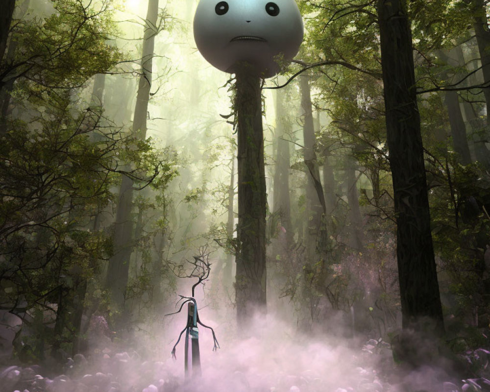 Dark figure in misty forest gazes at floating spherical creature