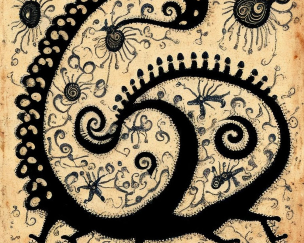 Abstract black ink drawing with spirals, dots, eye-like creatures, and insects on beige background