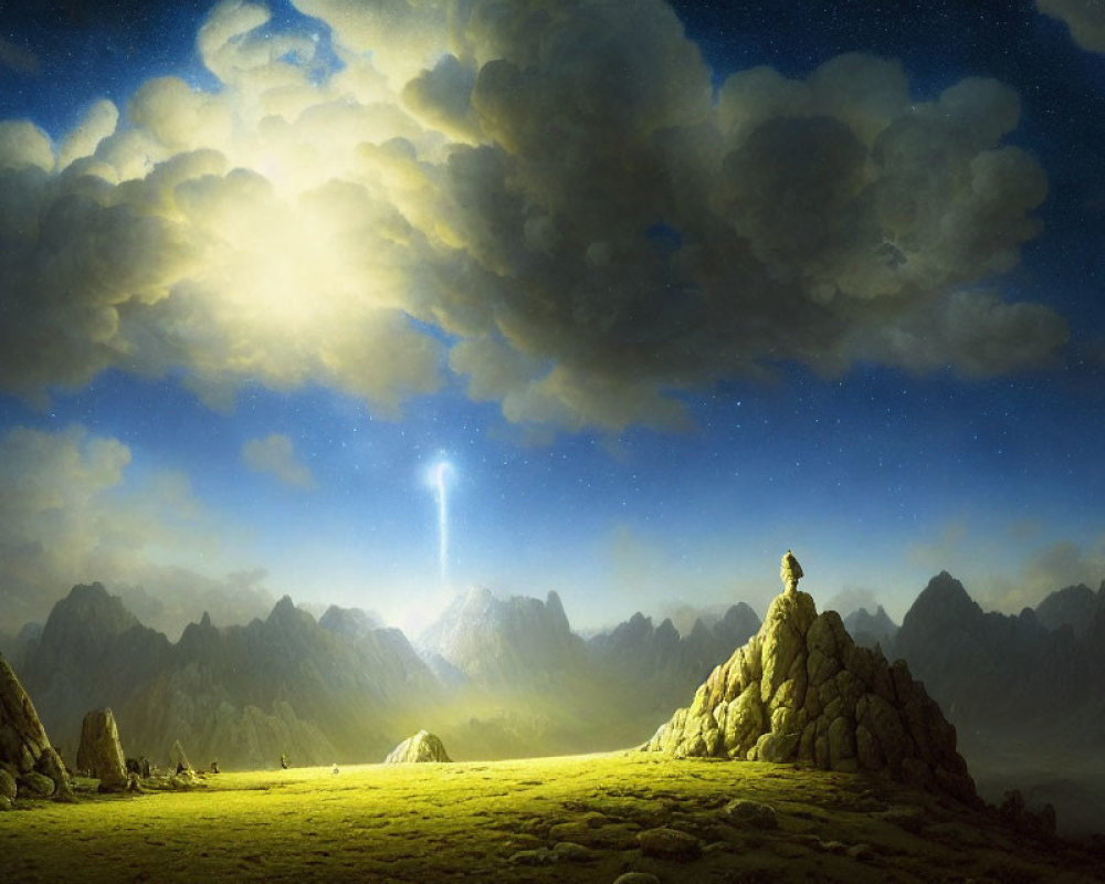 Tranquil landscape with person on hilltop, mountains, grass, light beam, and illuminated cloud