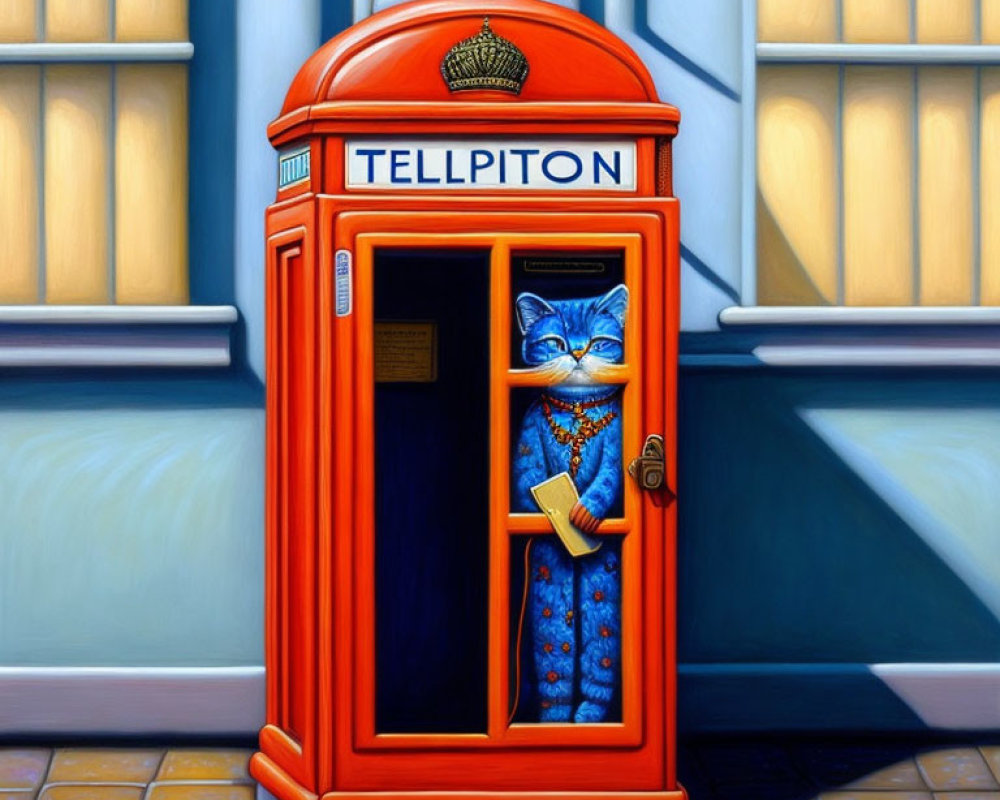 Blue anthropomorphic cat in robe inside red telephone booth with "TELLIPITON" signage