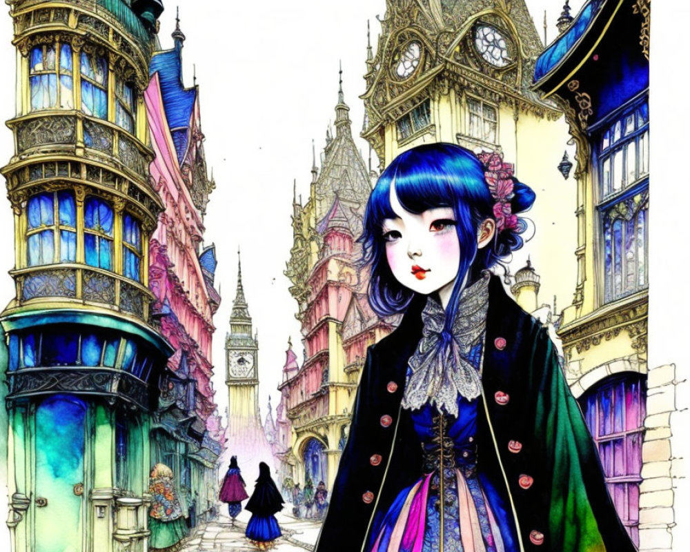 Stylized young woman with blue hair in Victorian attire before colorful cityscape.