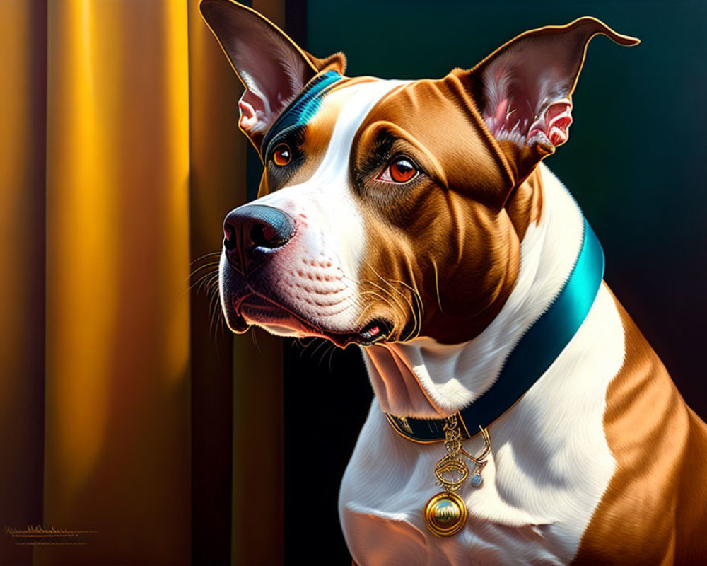 Brown and White Dog with Blue Collar on Striped Background