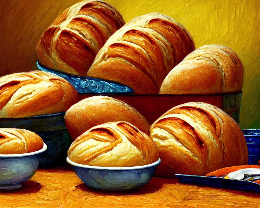 Vibrant painting of crusty bread loaves and blue bowls on wooden surface