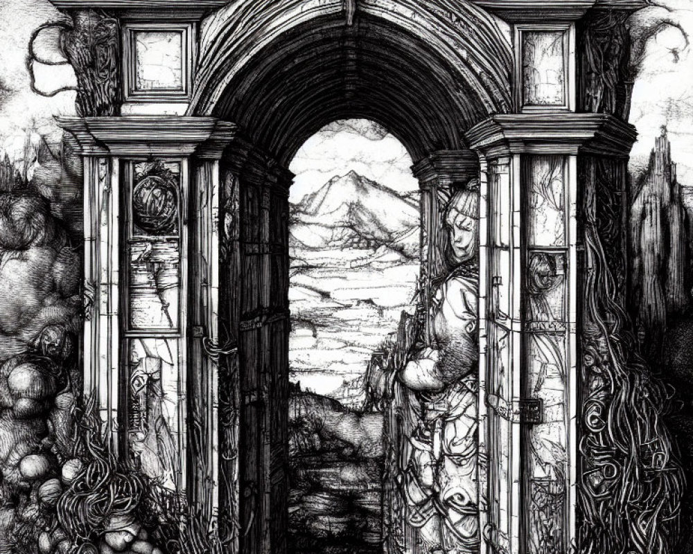 Detailed Black and White Illustration of Ornate Archway and Mountain Landscape