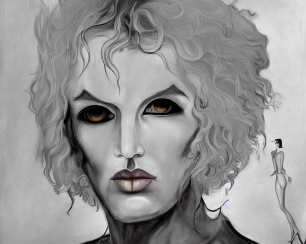 Greyscale portrait of person with curly hair, black eyes, full lips, and lace-like pattern.