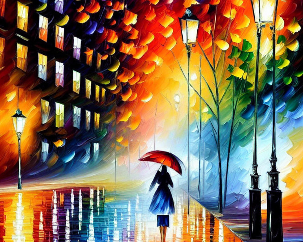 Colorful Impressionistic Painting of Person with Red Umbrella Walking Beside Street Lamps