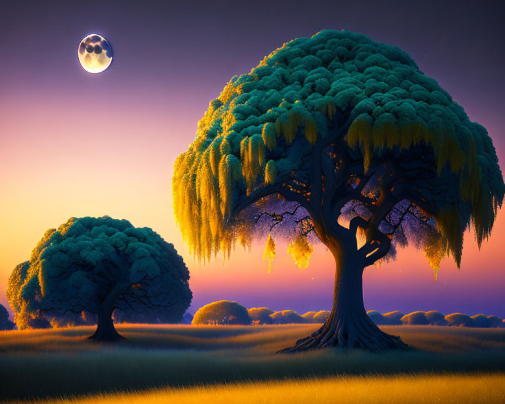 Nighttime scene with magical glowing tree in starlit field