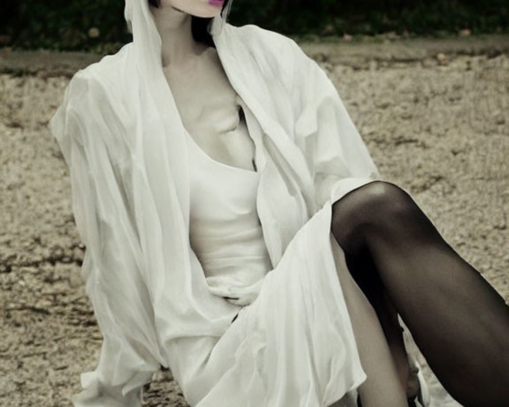 Person in White Hooded Robe with Dramatic Makeup on Gravel Path