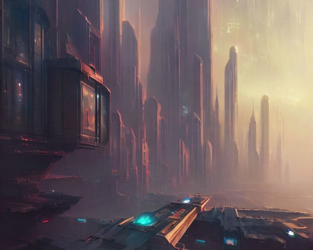 Futuristic cityscape with towering skyscrapers and flying vehicles in warm dusk light