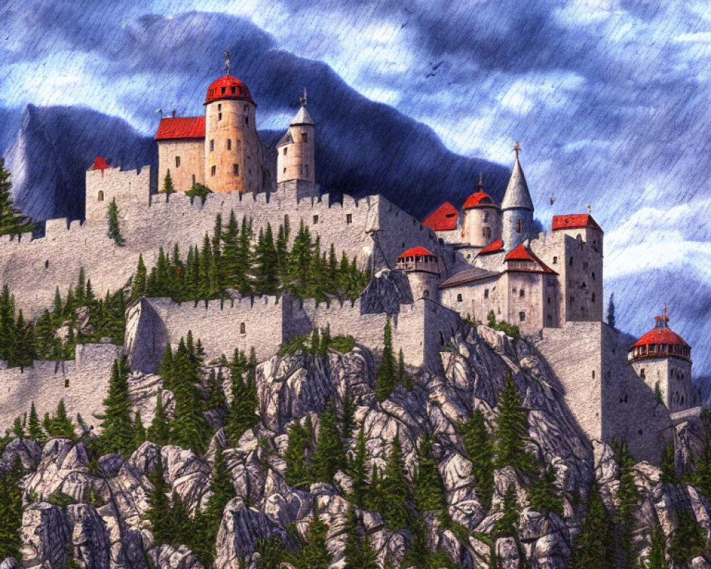 Medieval castle on rugged cliffs with evergreen trees under cloudy sky